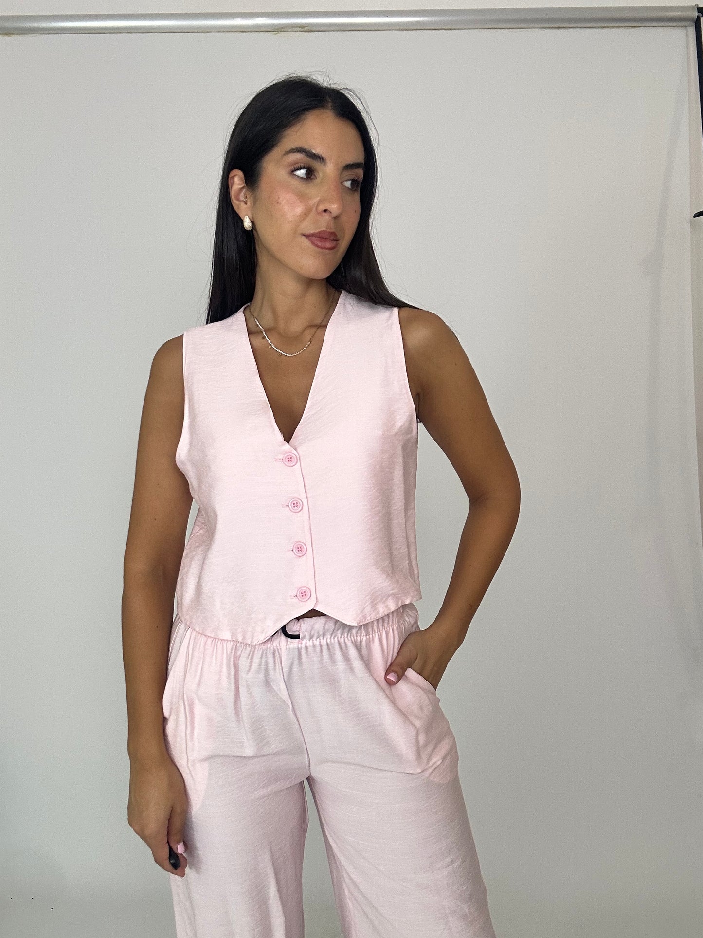 Coordinato leggero gilet pantalone rosa