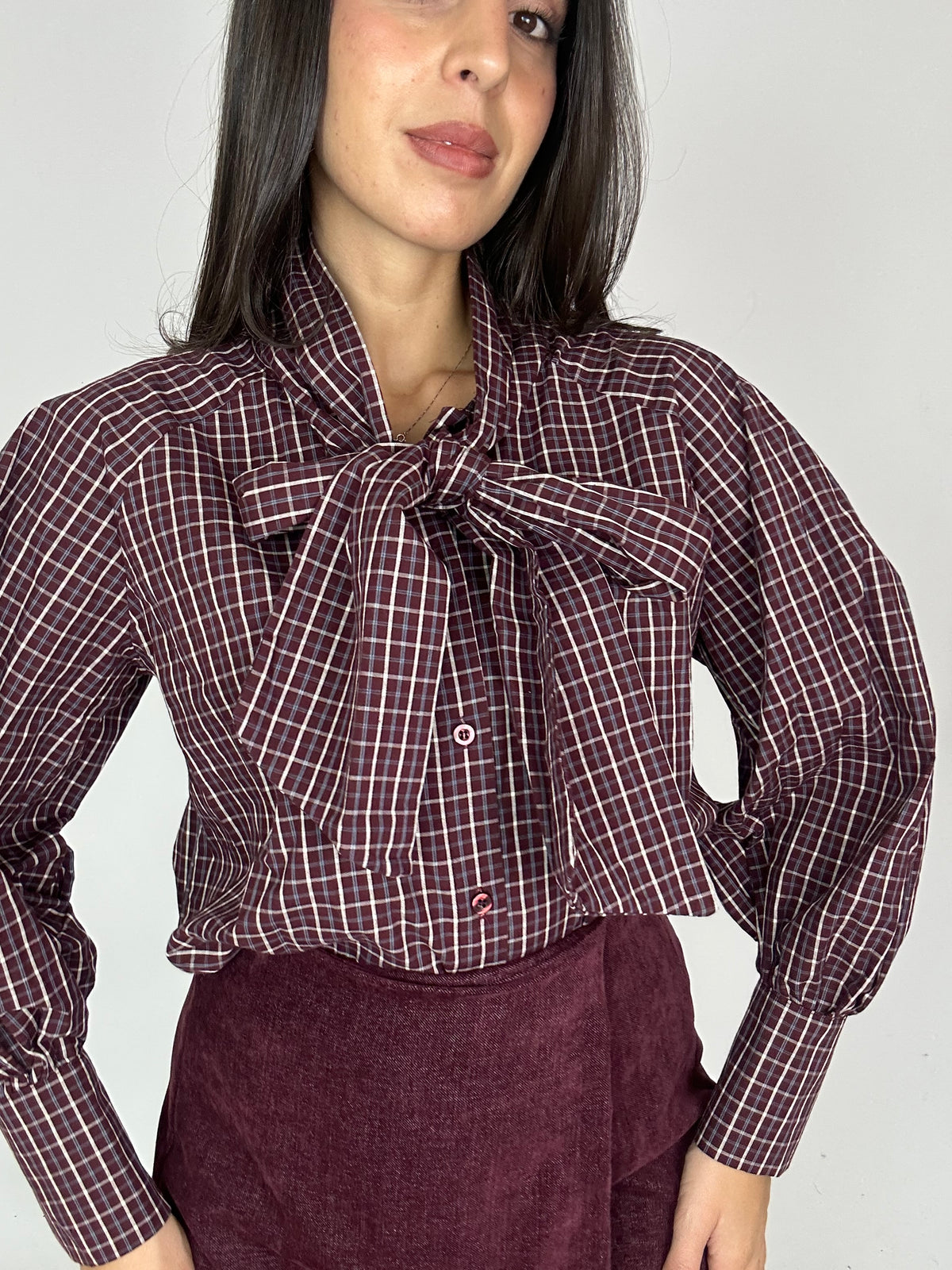 Camicia quadri con fiocco bordeaux