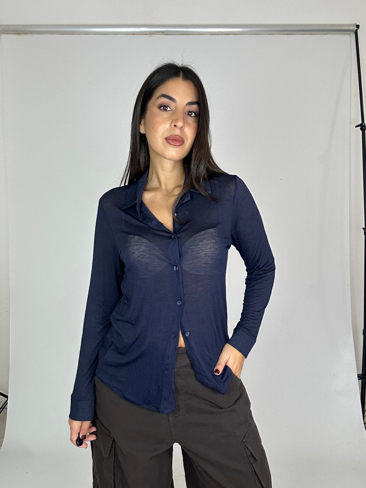 Maglia camicia blu misto cashmere