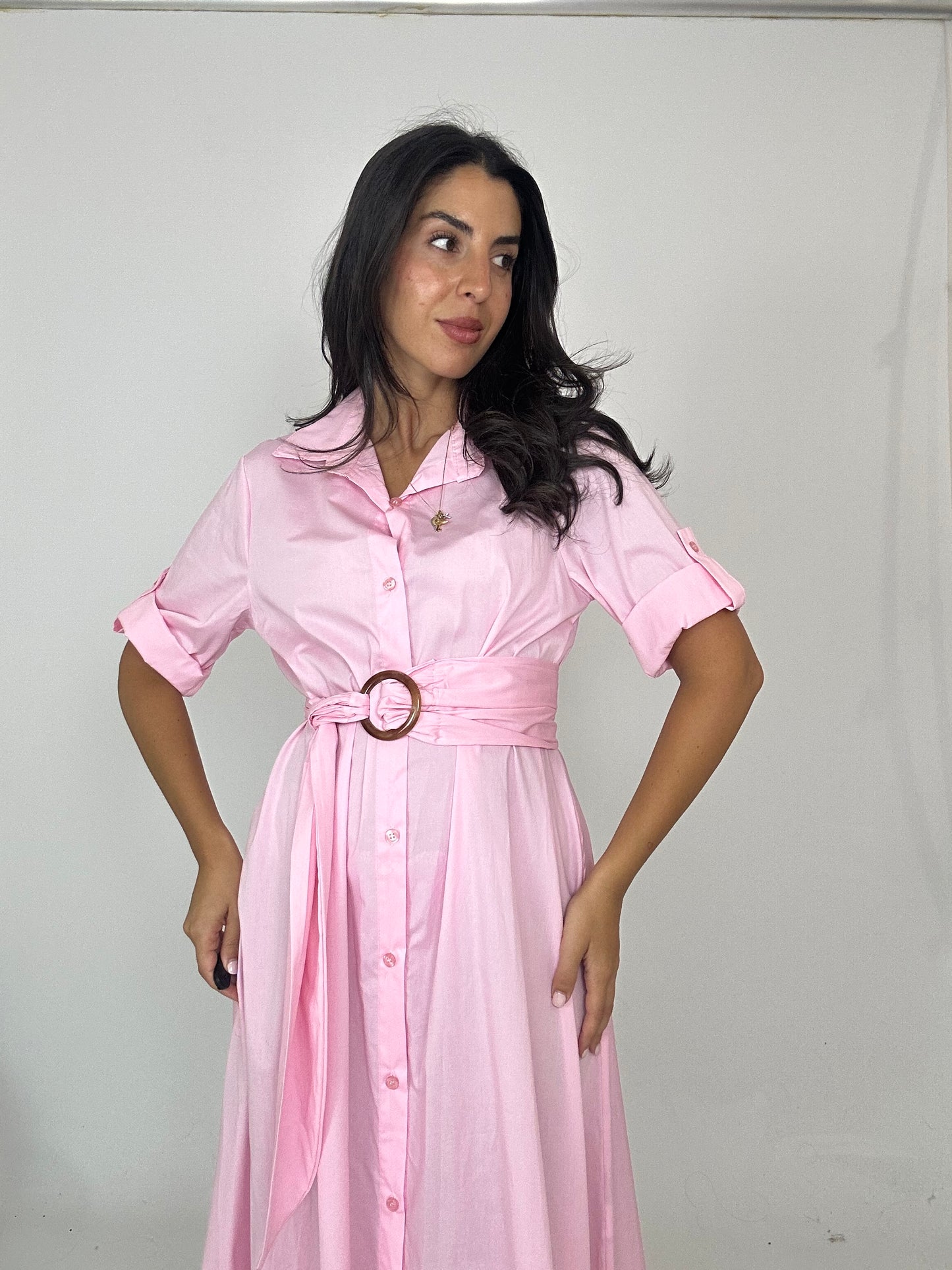 Abito camicia in cotone rosa