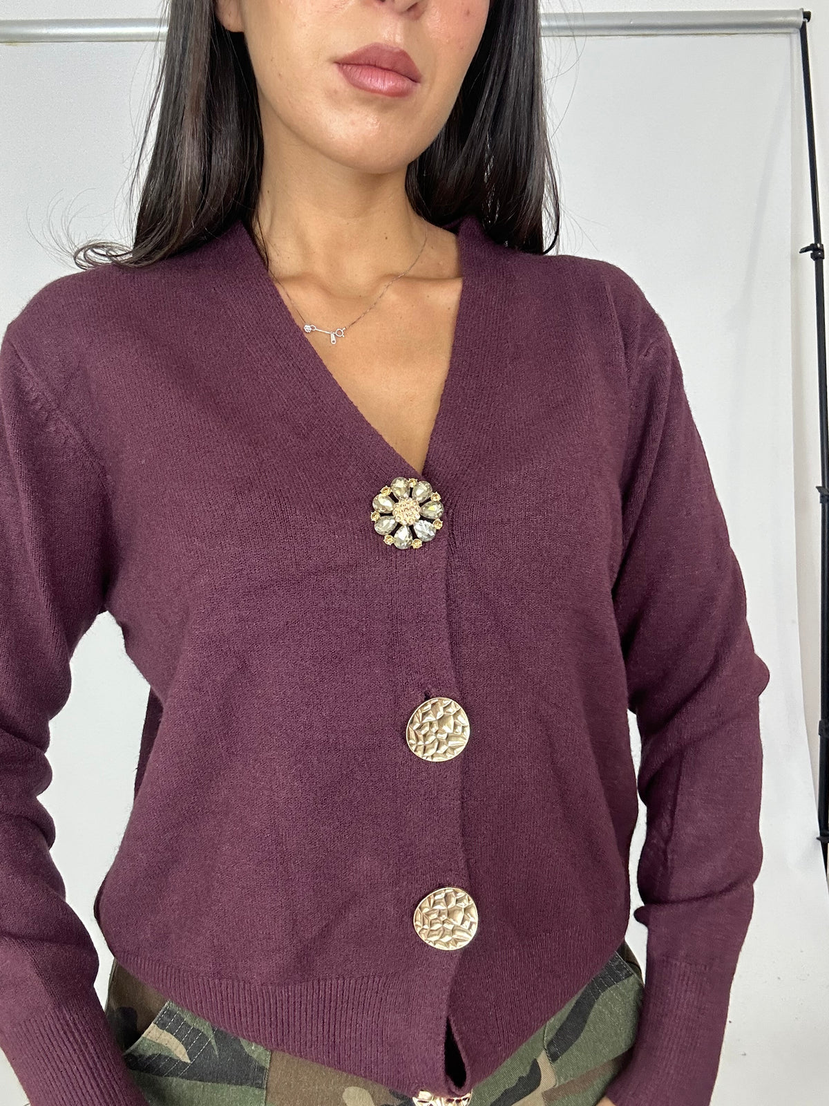 Cardigan bottoni gioiello vinaccio