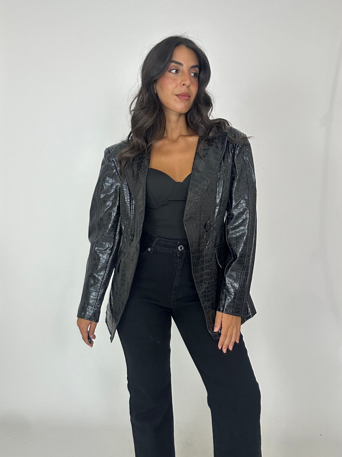Blazer nero eco pelle avvitato