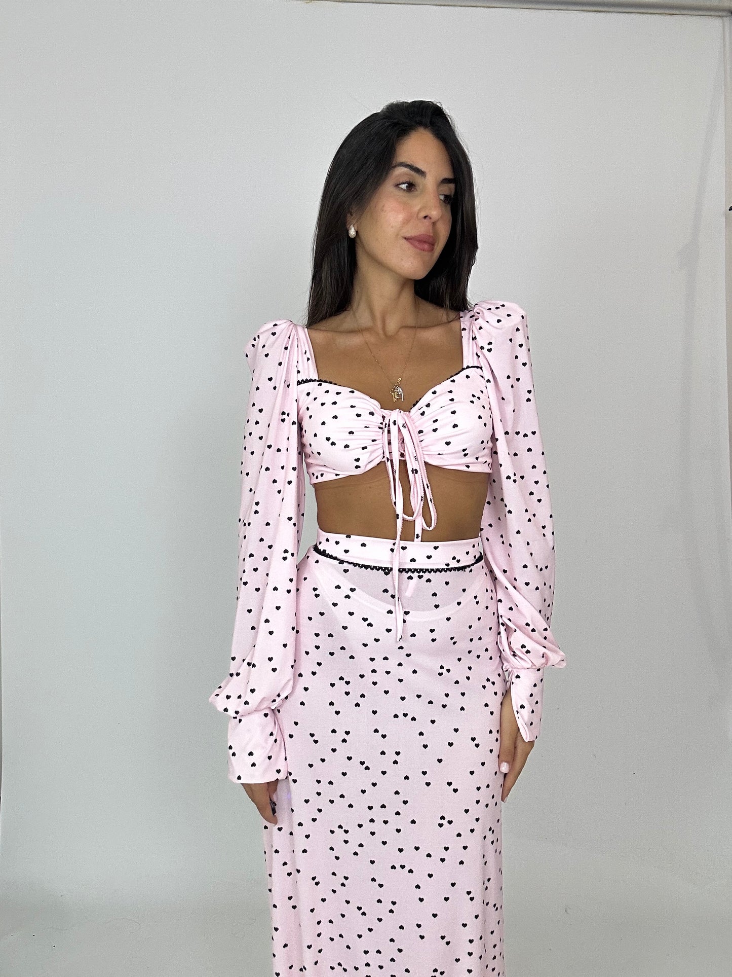 Coordinato gonna top cuori rosa