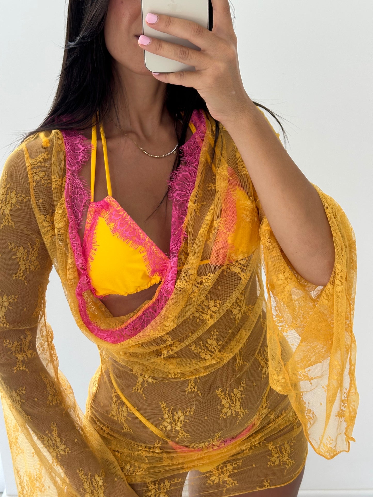 Set bikini più copri costume giallo fucsia