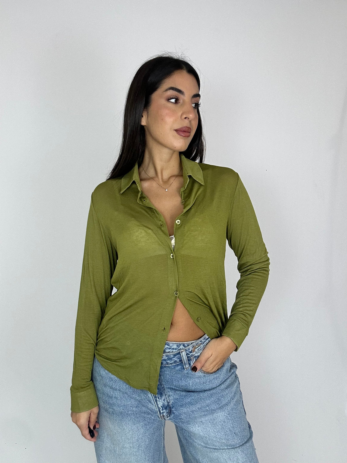 Maglia camicia misto cashmere- verde oliva