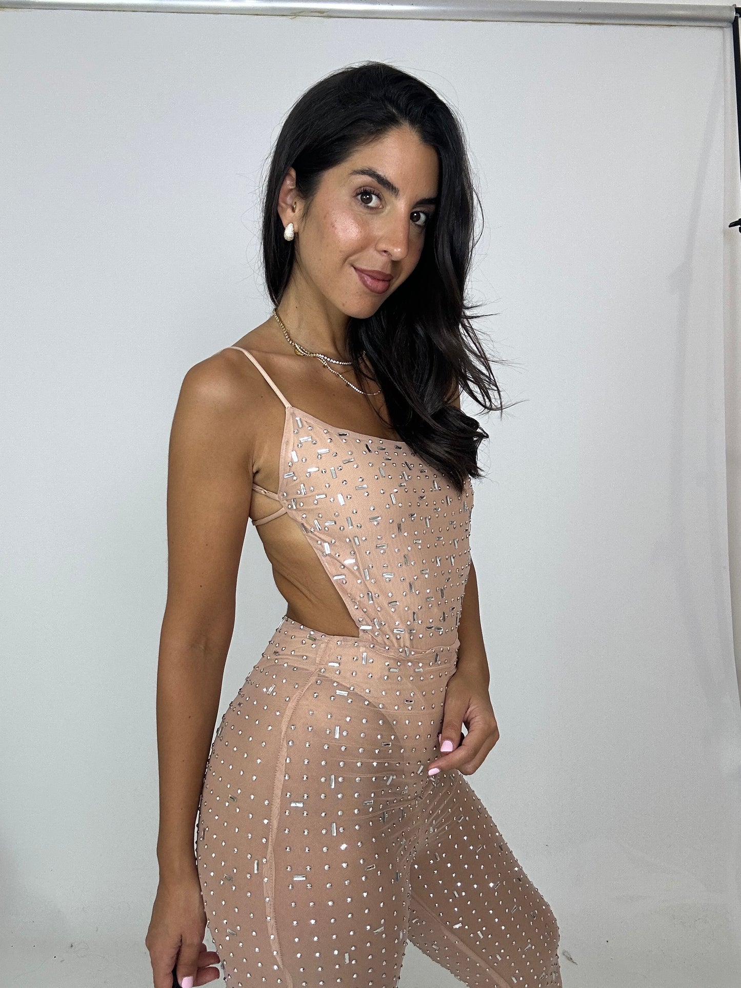 Tuta nude con brillantini