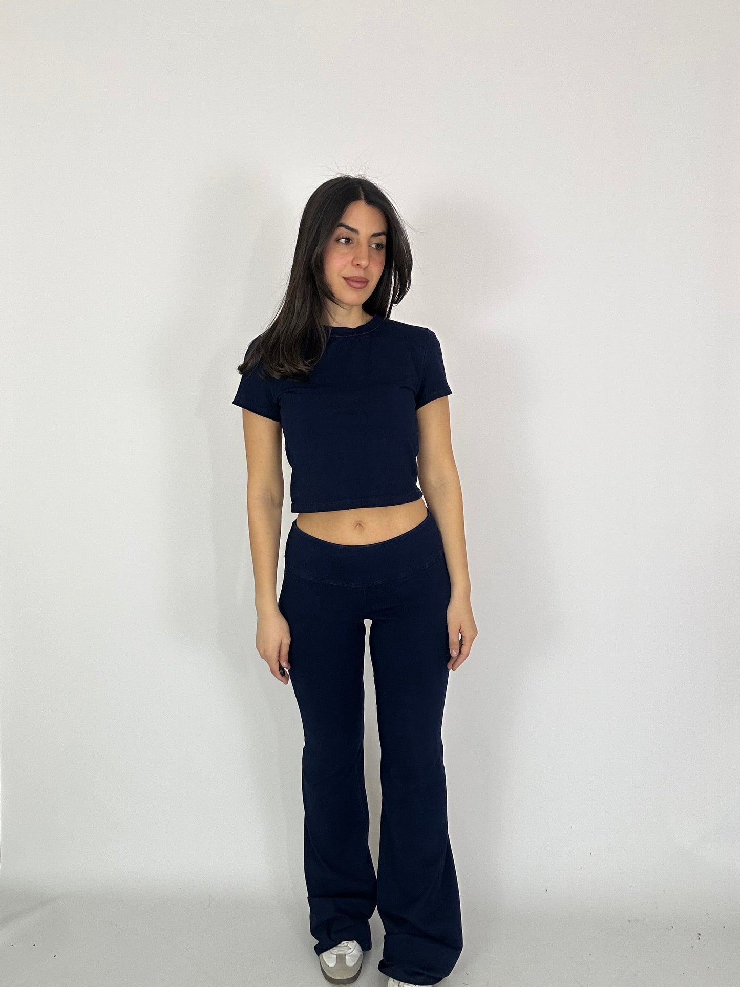 Pantalone zampa lumina effetto Denim
