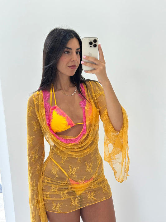 Set bikini più copri costume giallo fucsia