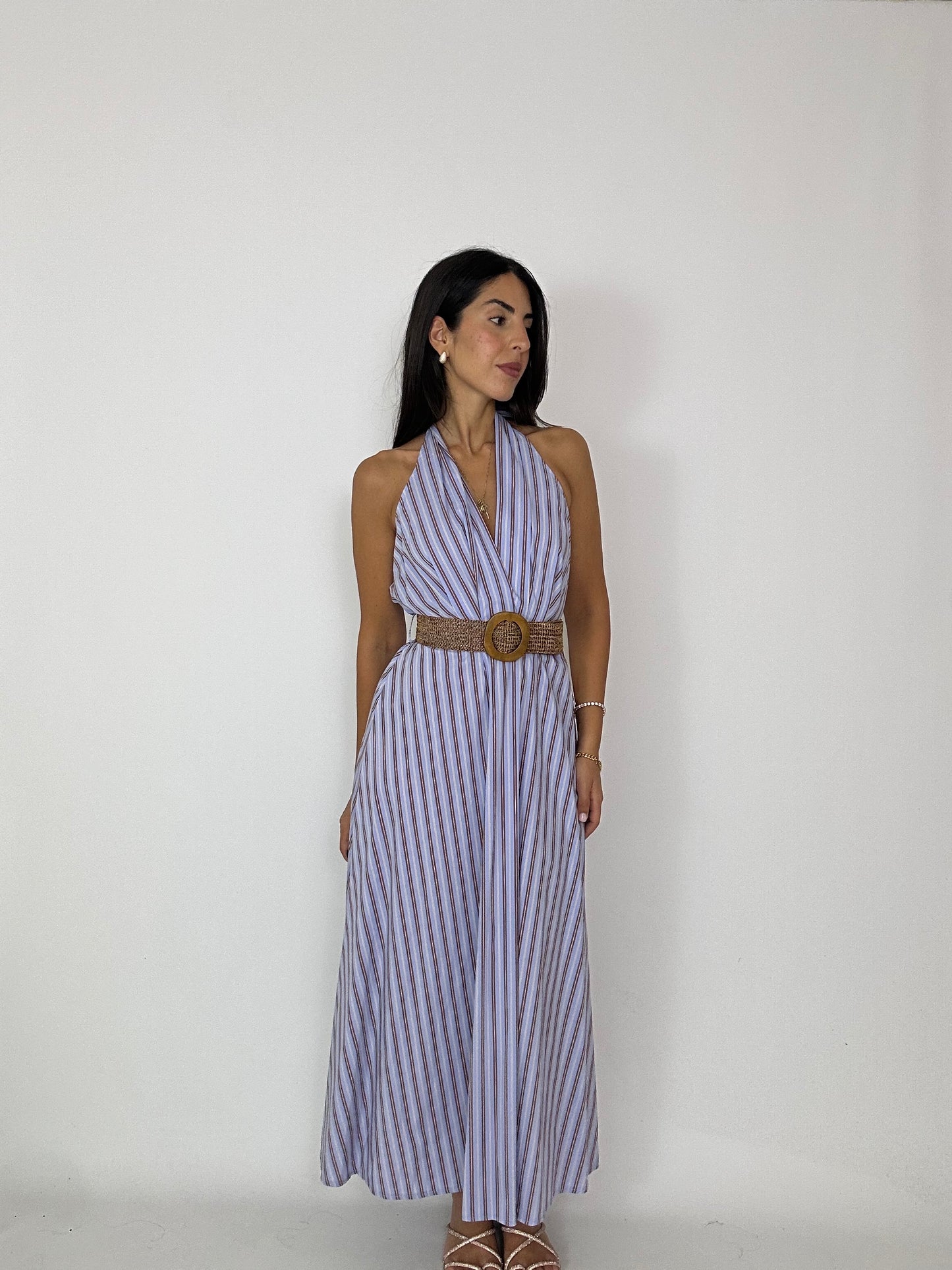 Abito midi in cotone con cintura in paglia