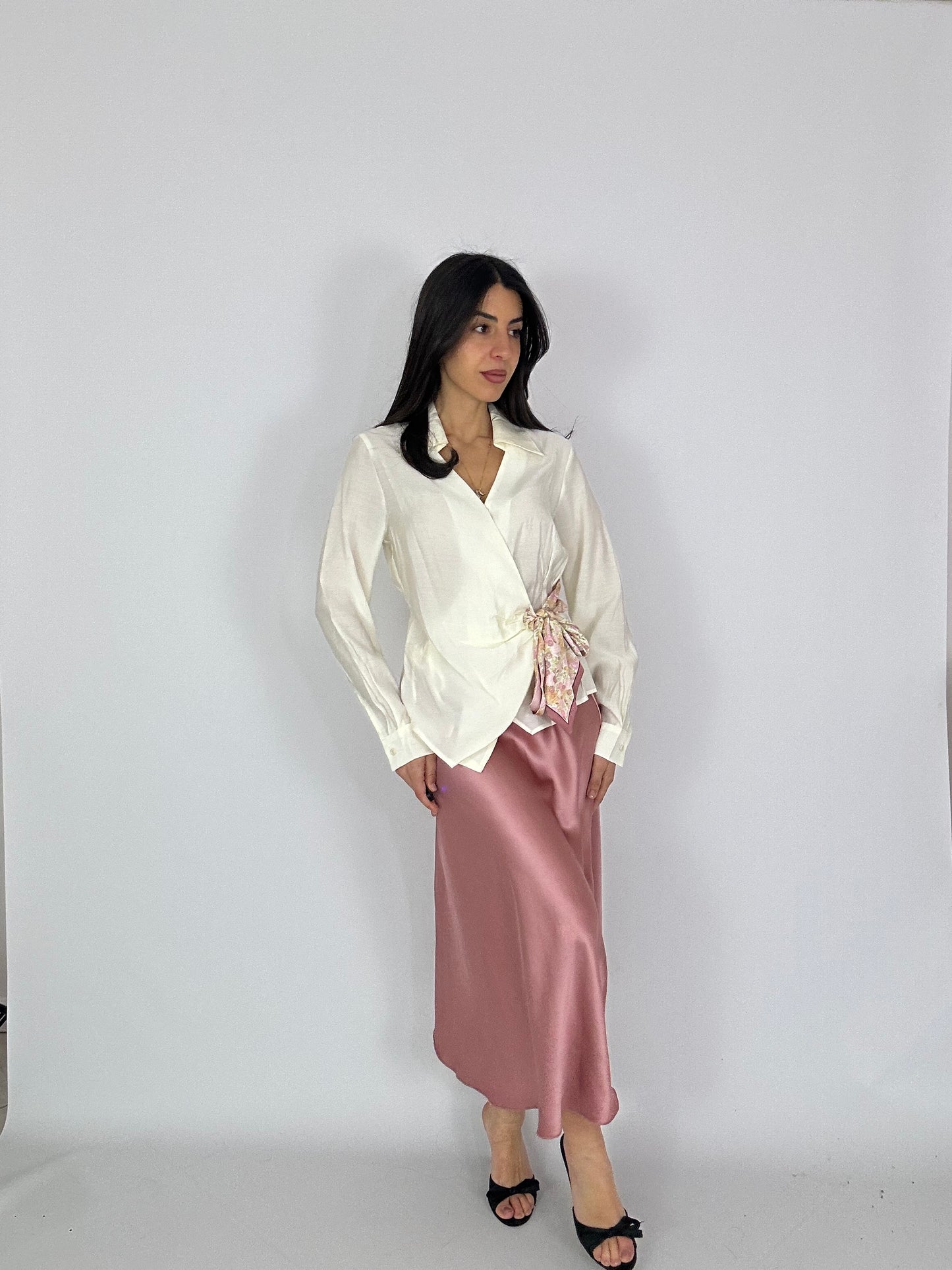 Gonna in raso midi-rosa