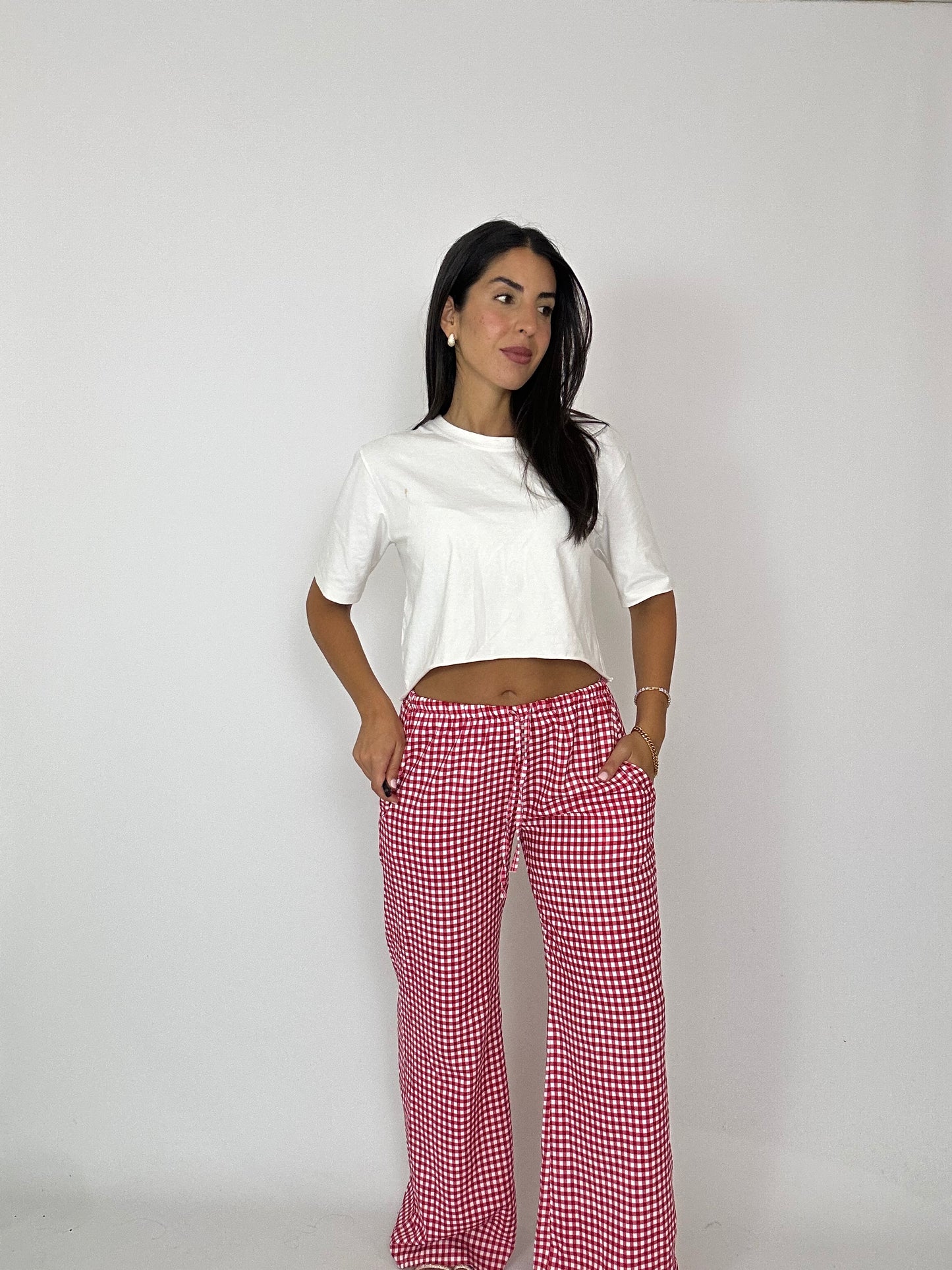 Pantalone quadri rosso e bianco