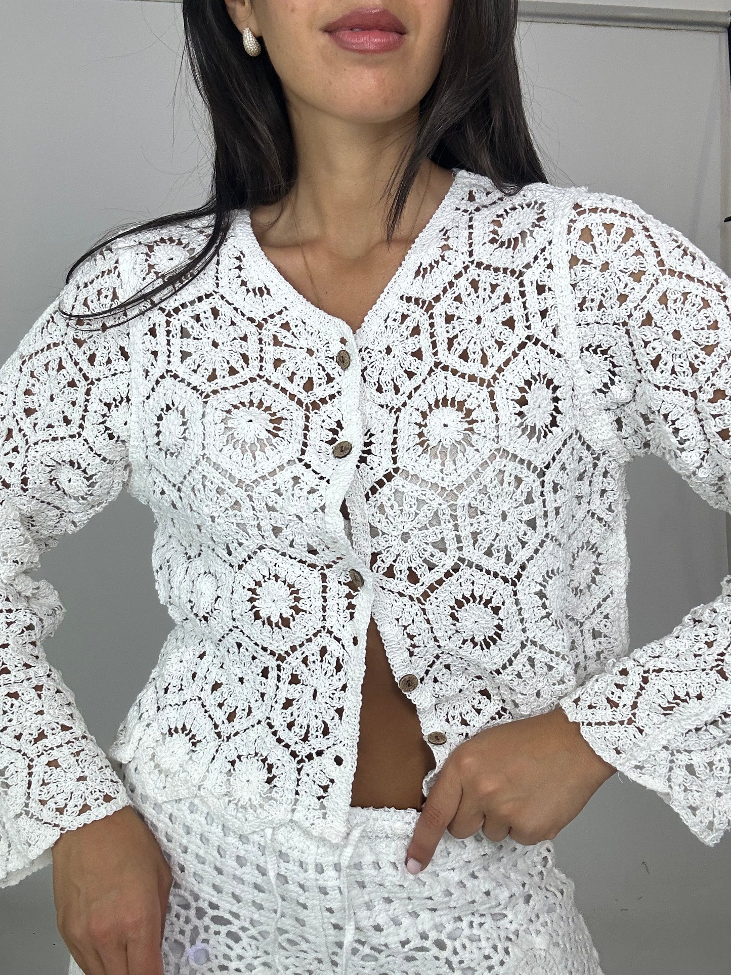 Cardigan macrame’ bianca