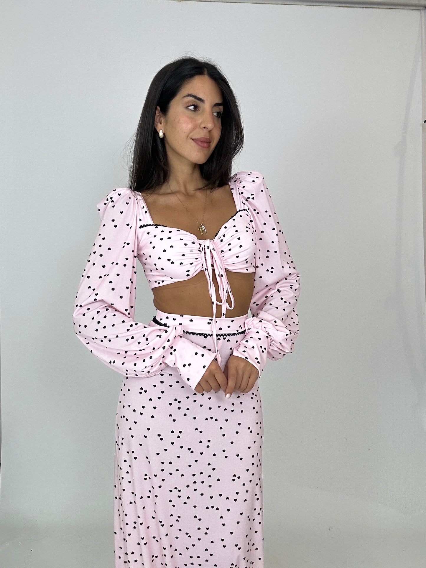Coordinato gonna top cuori rosa