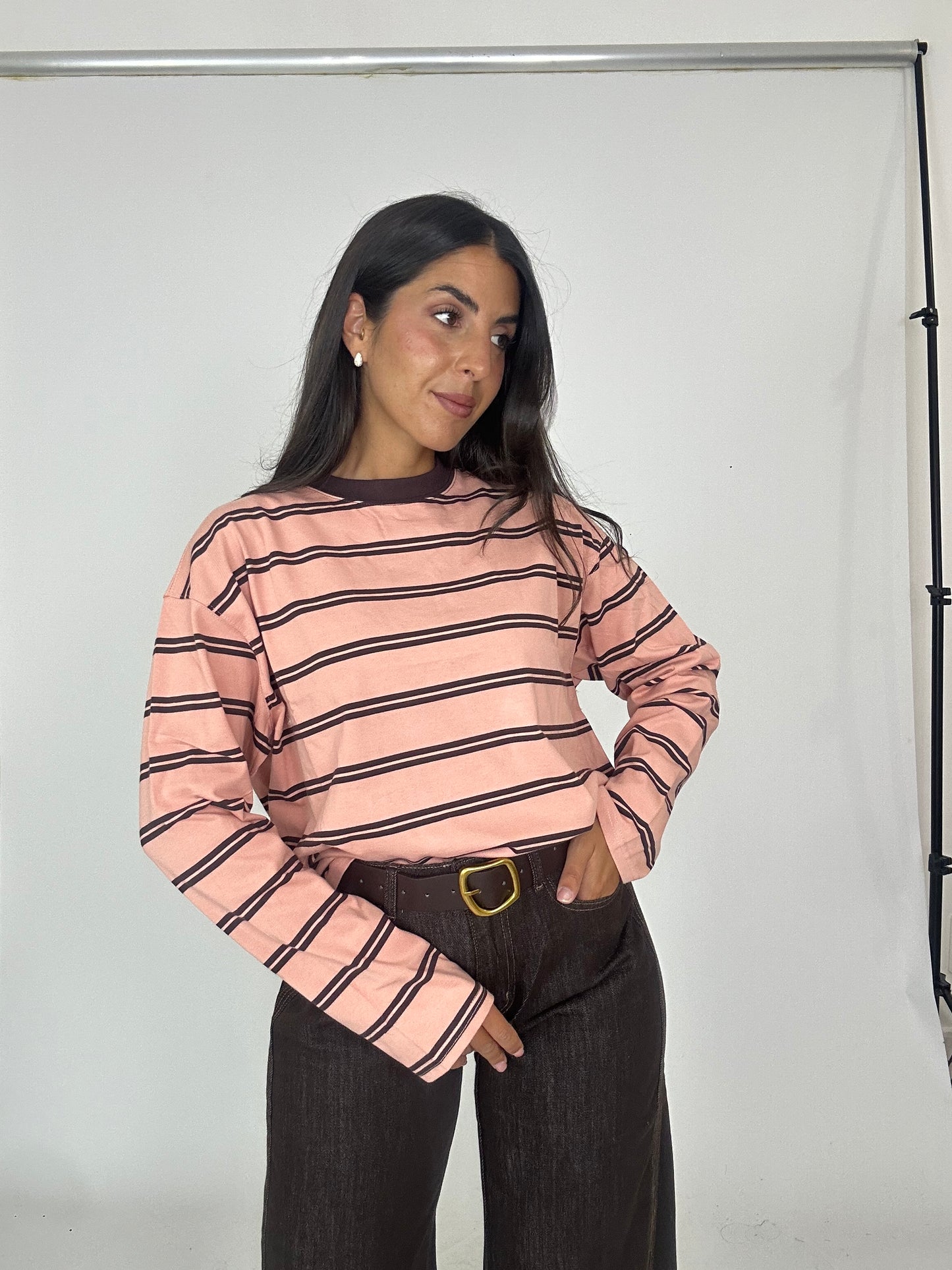 Maglia in cotone striscia marrone rosa