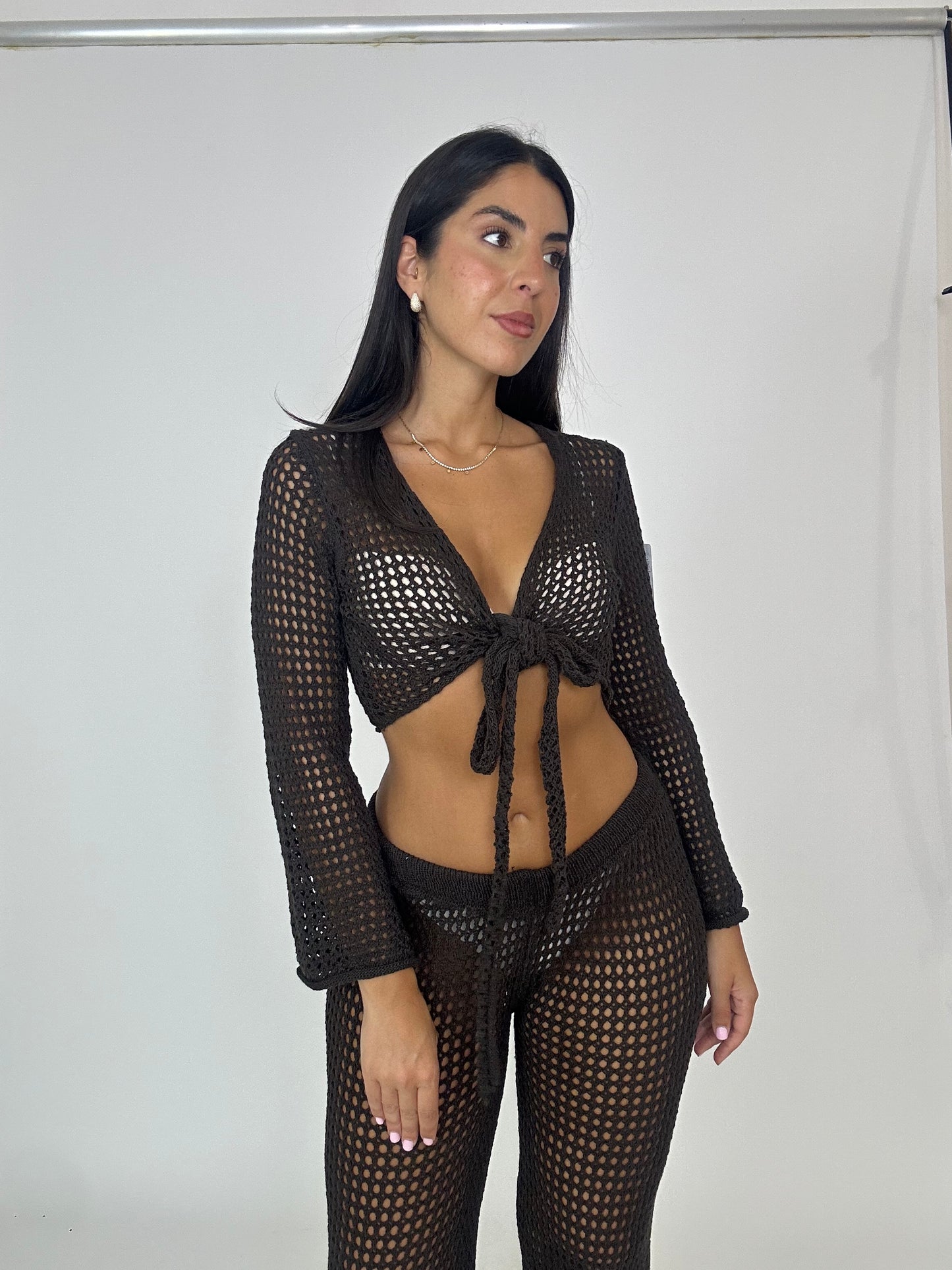 Set pantalone cardigan crochet marrone