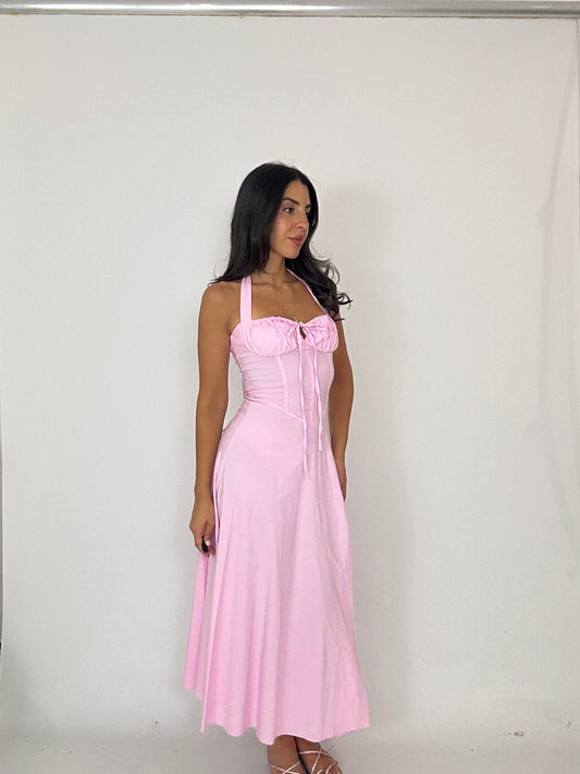 Abito midi rosa effetto bustino