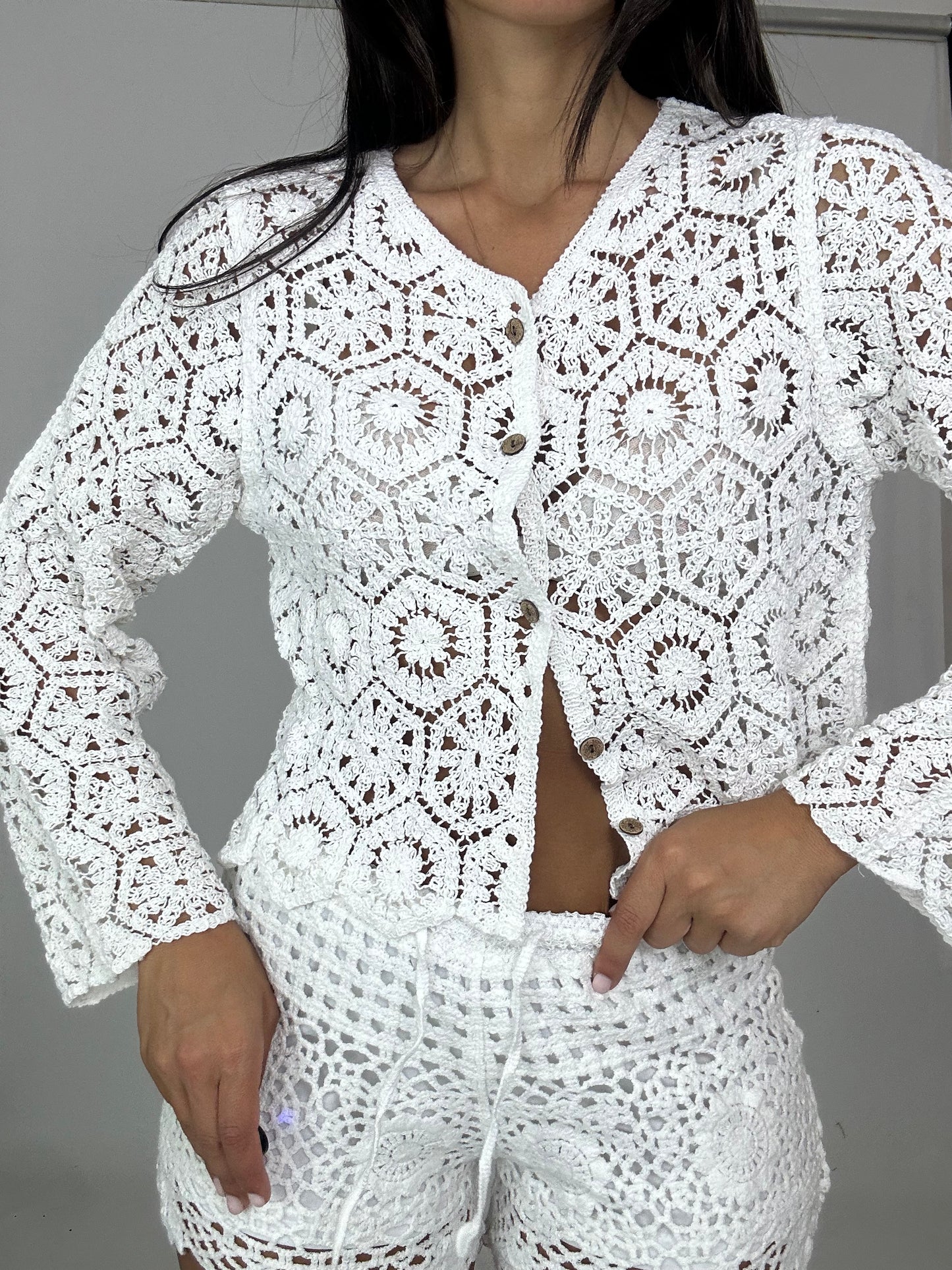 Cardigan macrame’ bianca