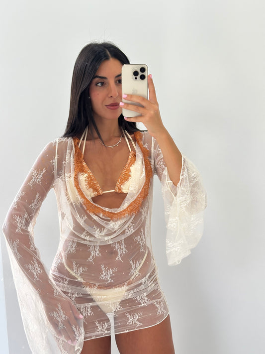 Set costume più copri costume panna marrone
