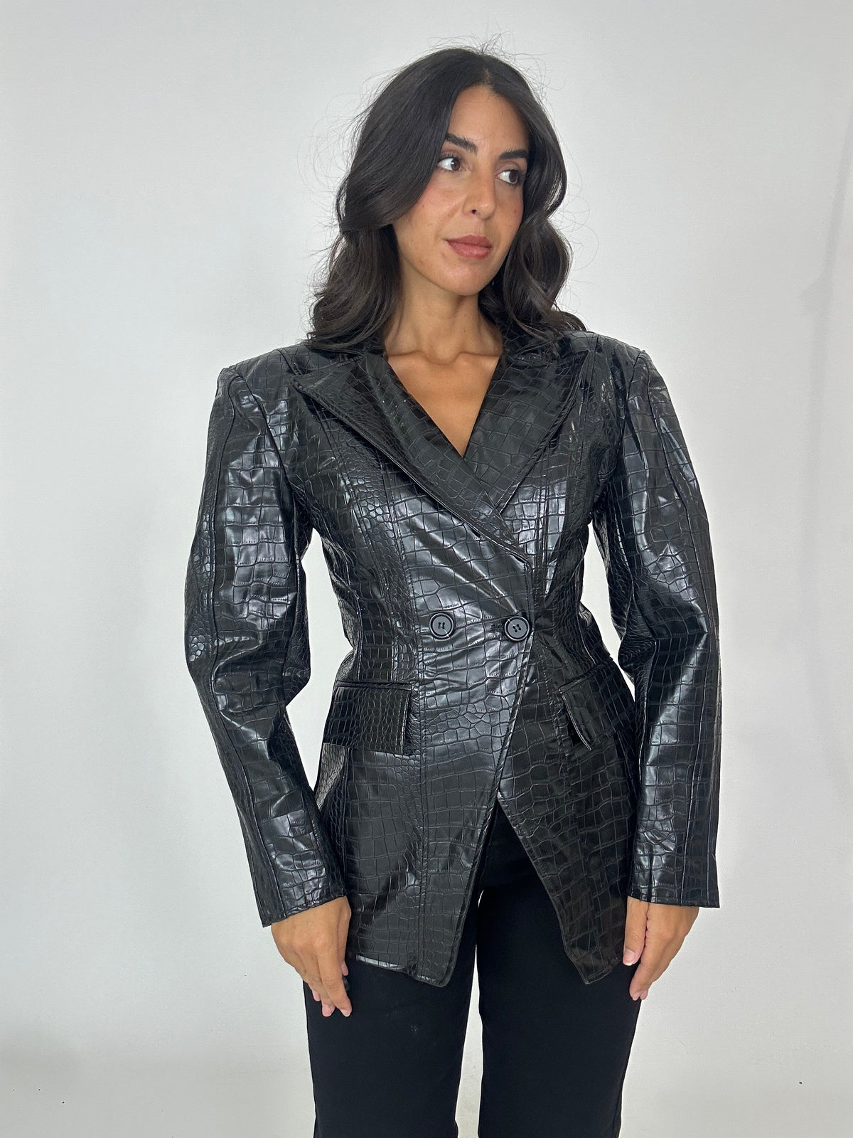 Blazer nero eco pelle avvitato