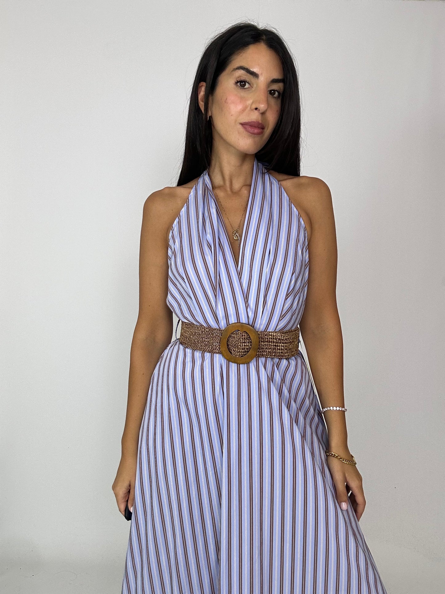 Abito midi in cotone con cintura in paglia