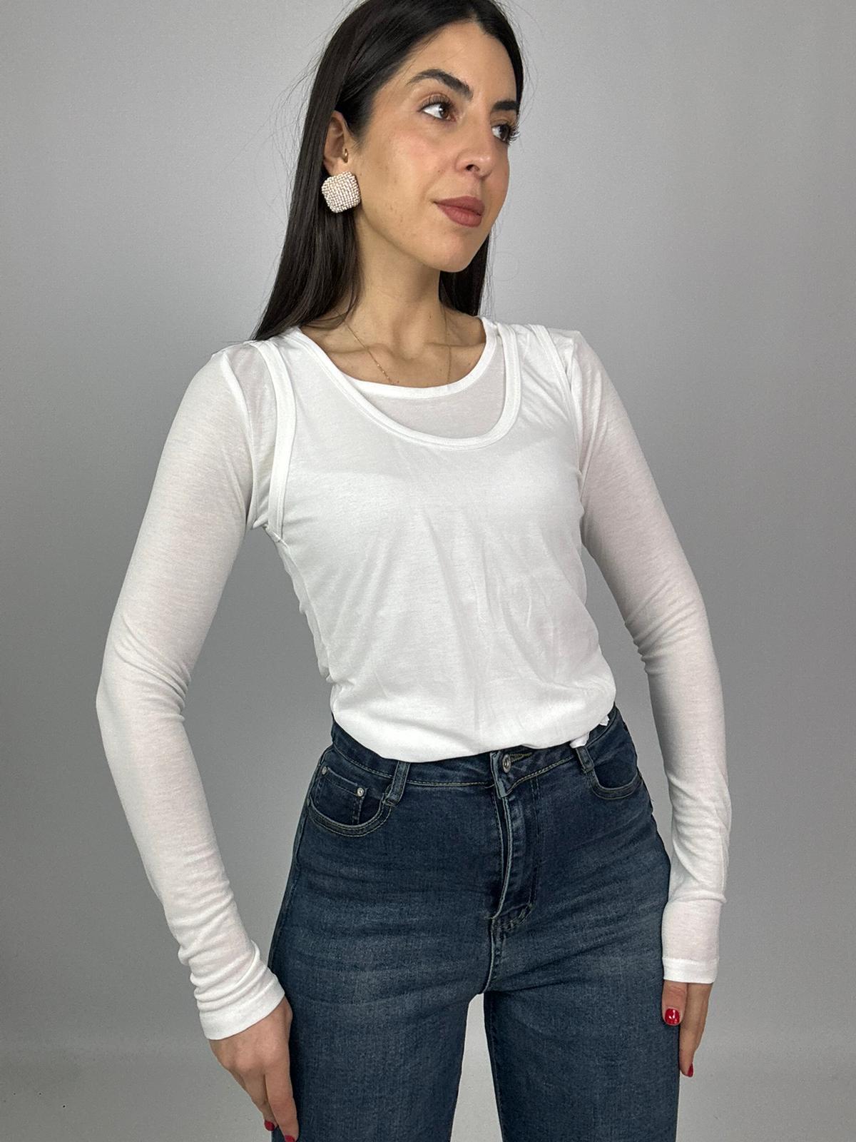 Top Doppio Bianco Donna – Canotta con Maglia Maniche Lunghe