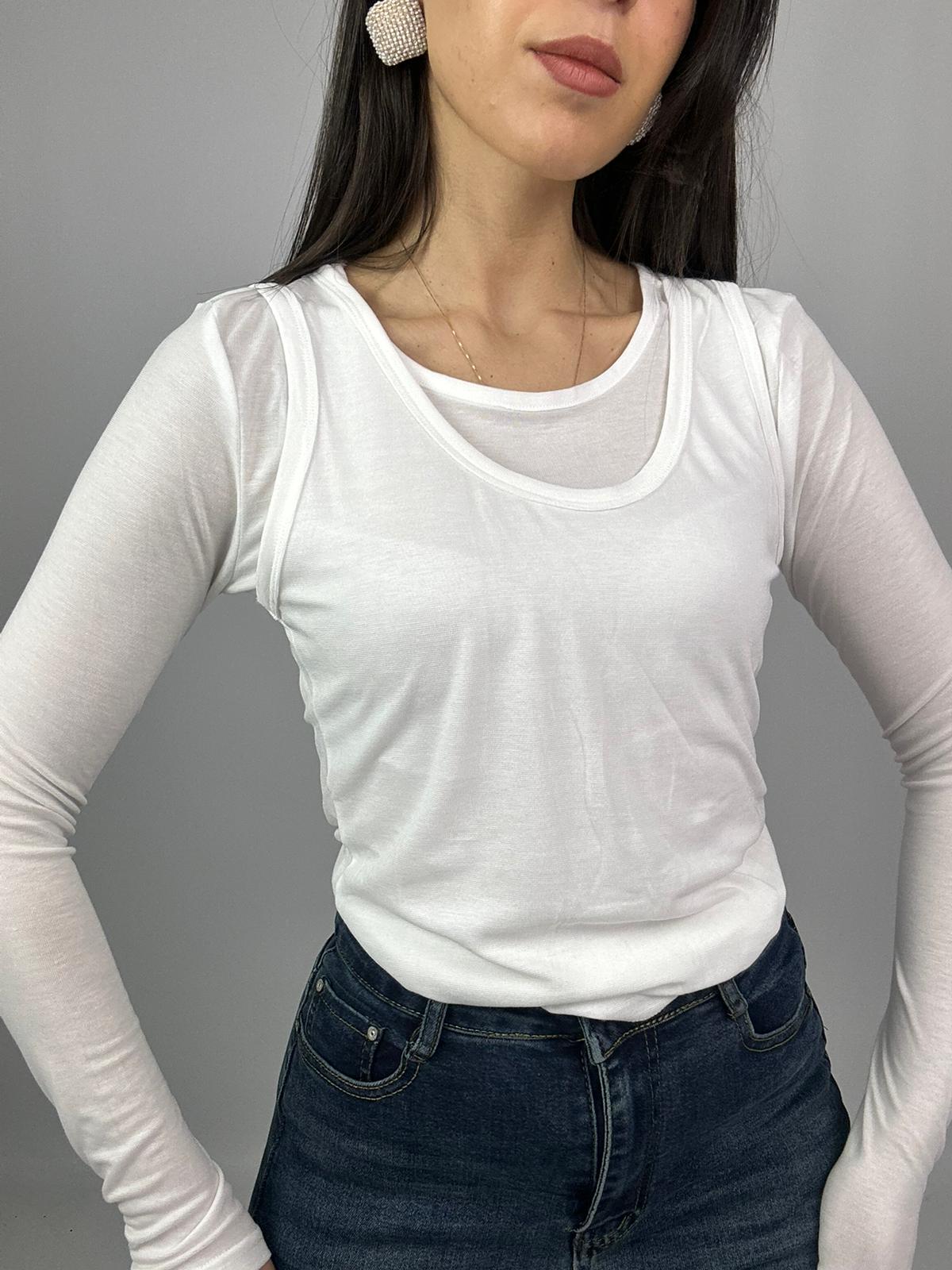 Top Doppio Bianco Donna – Canotta con Maglia Maniche Lunghe