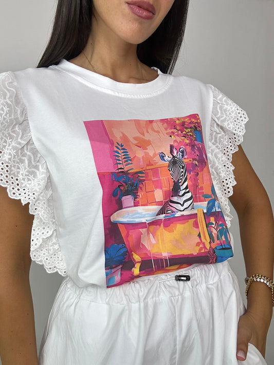 T-shirt con stampa e manica in pizzo San gallo