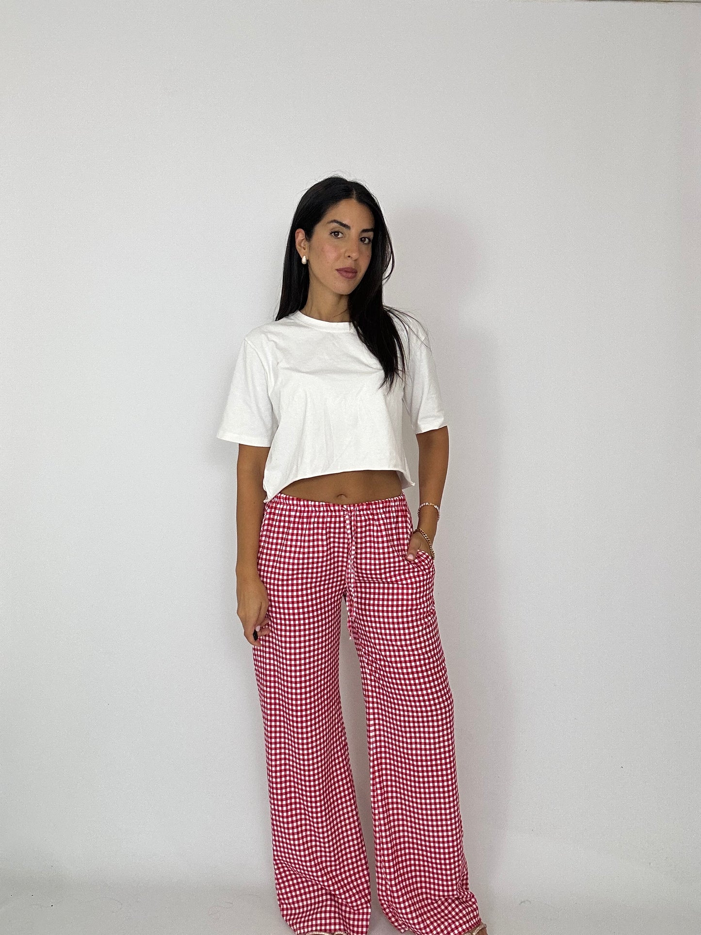 Pantalone quadri rosso e bianco