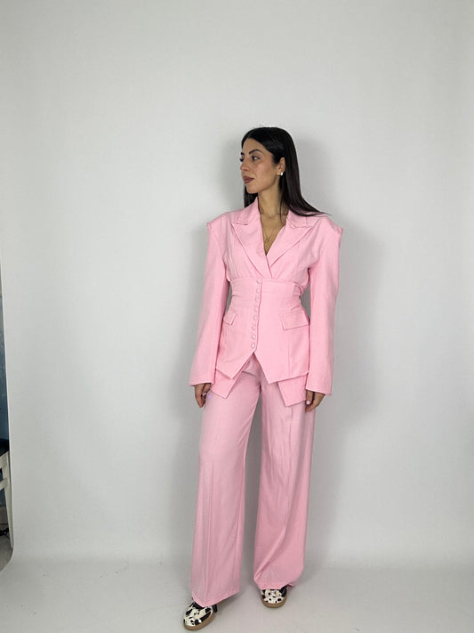 Tailleur Rosa Completo Blazer Pantaloni | Vita Corsetto Oversize Trend