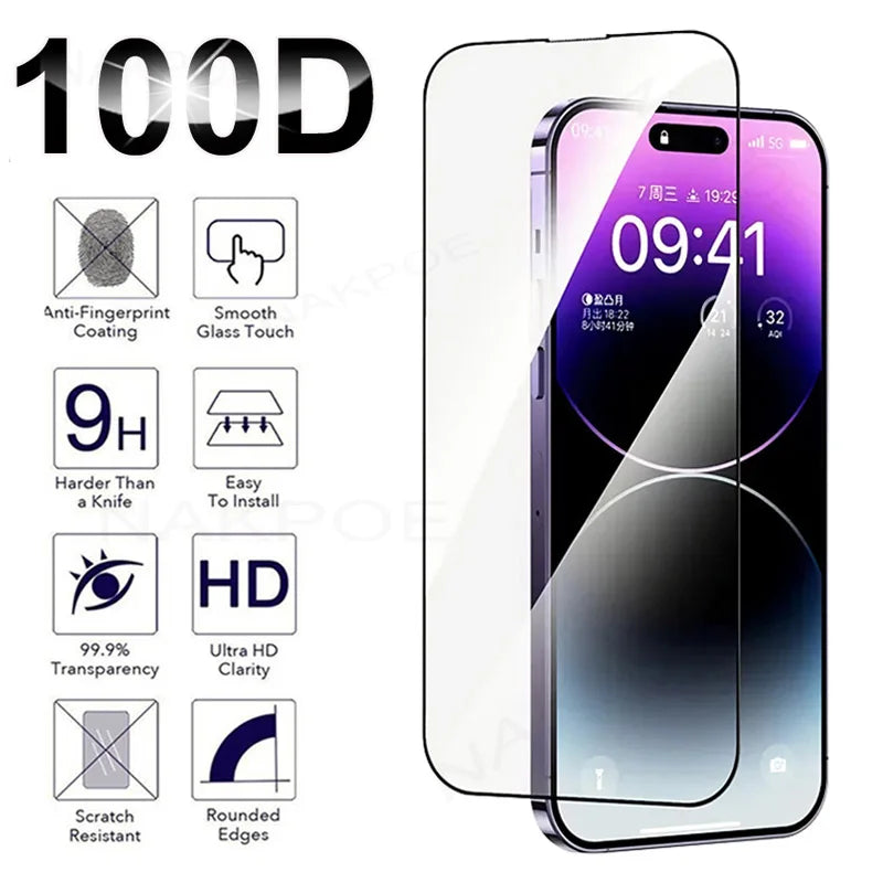 100D Full Tempered Glass For Apple iPhone 14 Plus 13 mini 12 11 Pro Max Screen Protector iPhone X XR XS Max Protection Glas Film