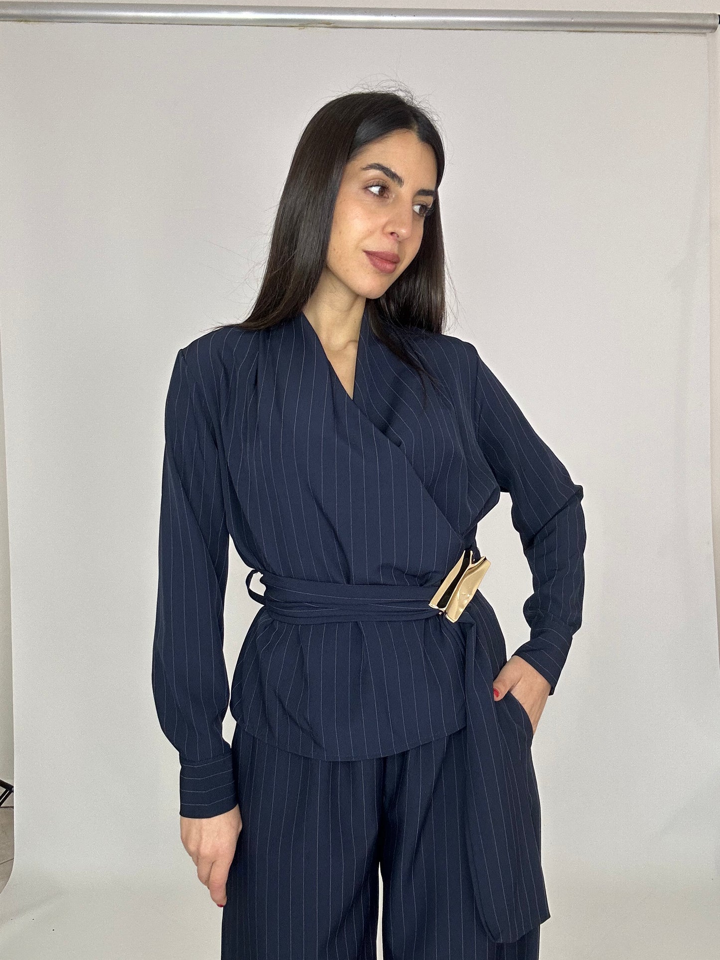 Completo Elegante Gessato Donna – Giacca e Pantalone Palazzo