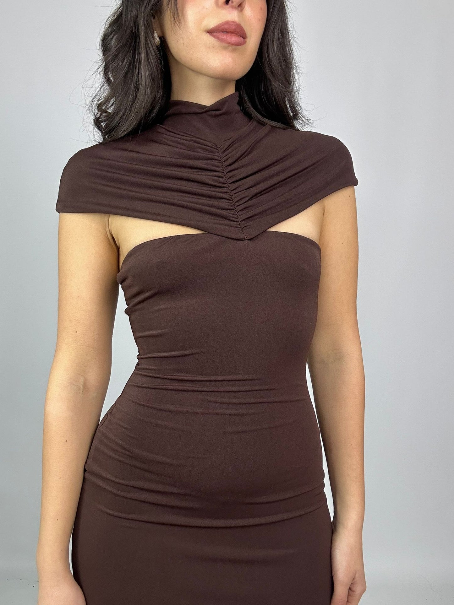 Vestito Midi Marrone Halter Drappeggiato | Collo Alto Chocolate Dress