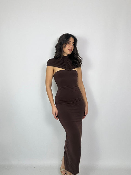 Vestito Midi Marrone Halter Drappeggiato | Collo Alto Chocolate Dress