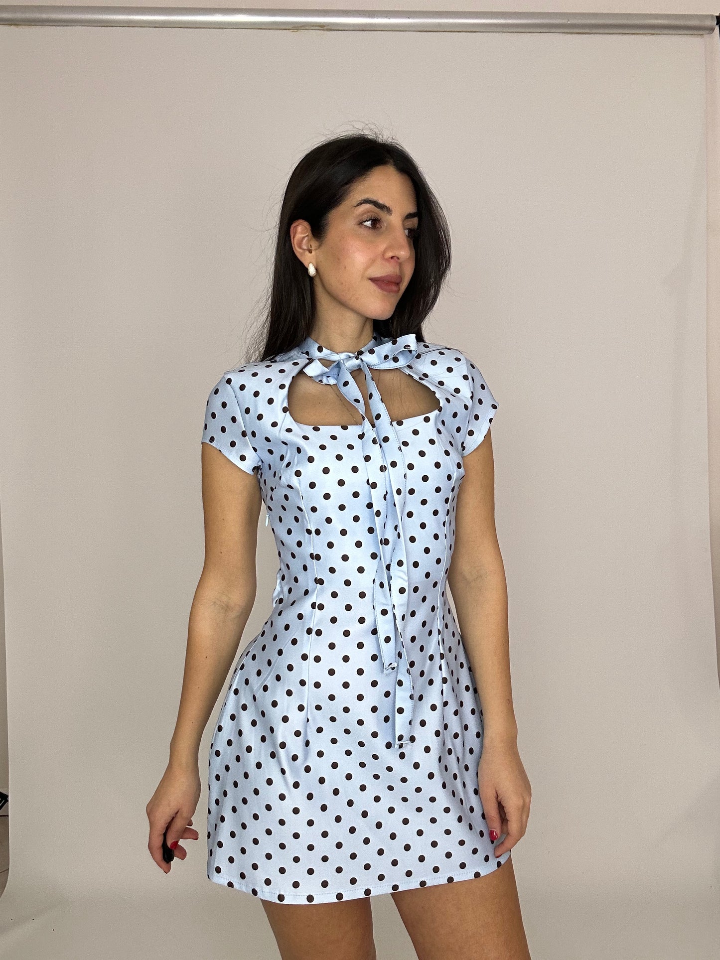 Vestito Pois Azzurro Fiocco Cut-Out