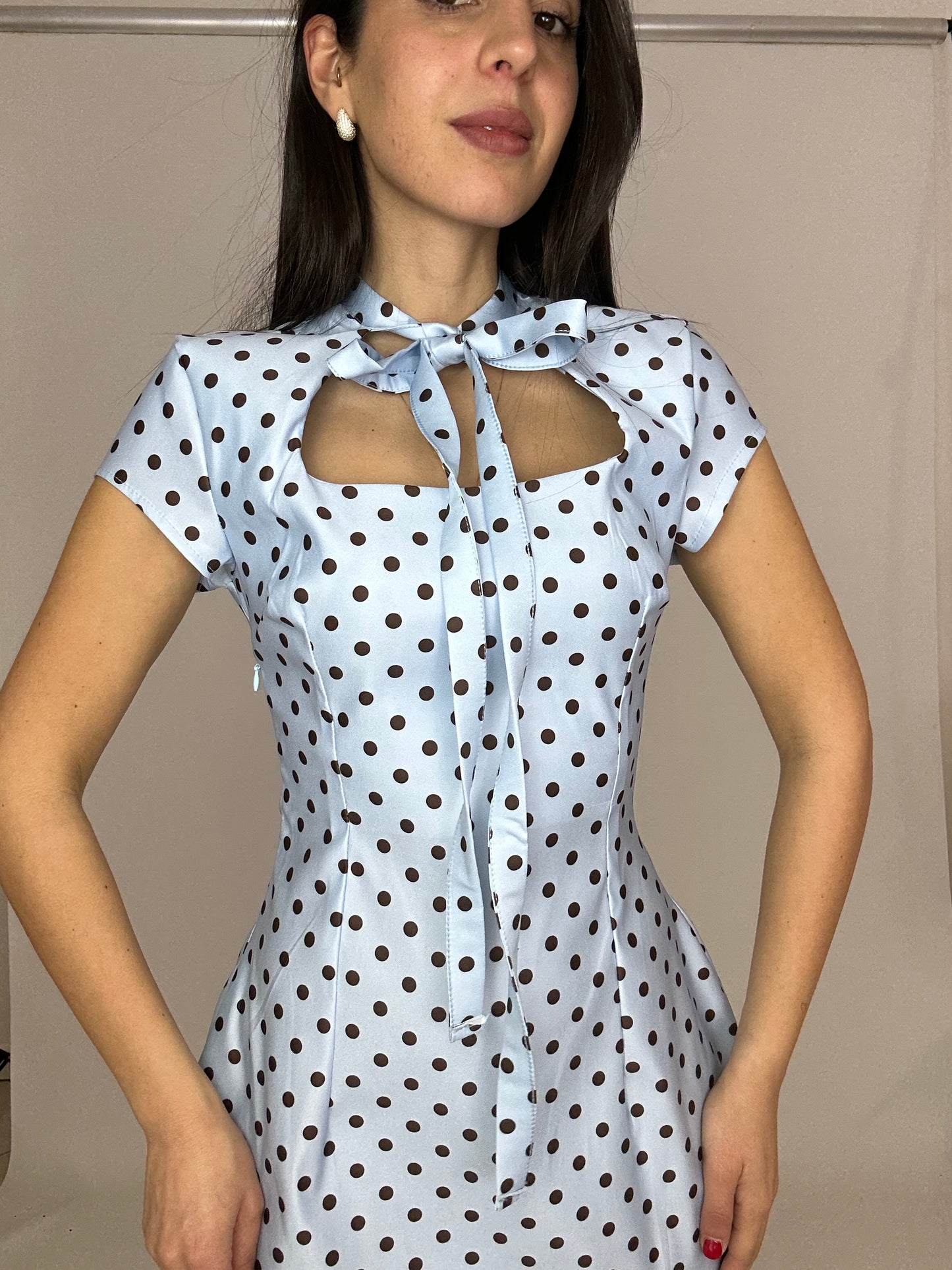 Vestito Pois Azzurro Fiocco Cut-Out
